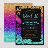 Glam Regenboog Gradiënt Glitter Pauw Sweet 16 Kaart (Voorkant / Achterkant)