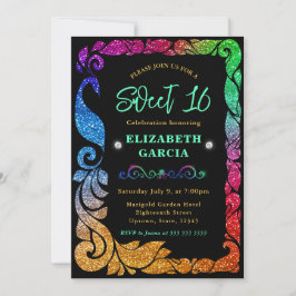 Glam Regenboog Gradiënt Glitter Pauw Sweet 16 Kaart