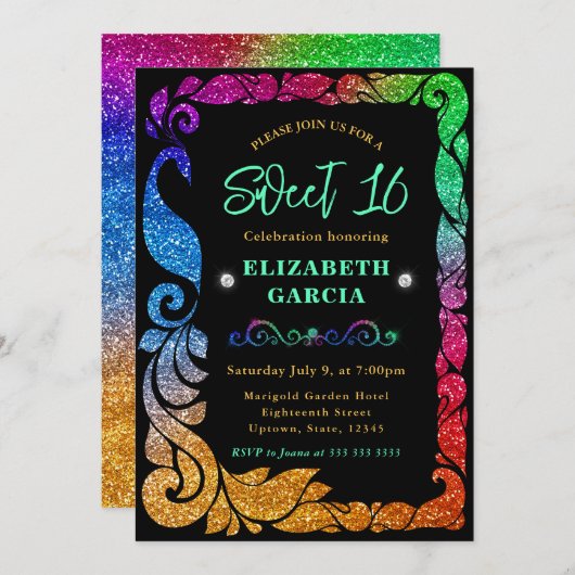 Glam regenbooggradiënt Glitter Peacock Sweet 16 Kaart (Voorkant / Achterkant)