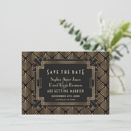 Glam Roaring 20 Gold Black Great Gatsby Save The Date (Staand voorkant)