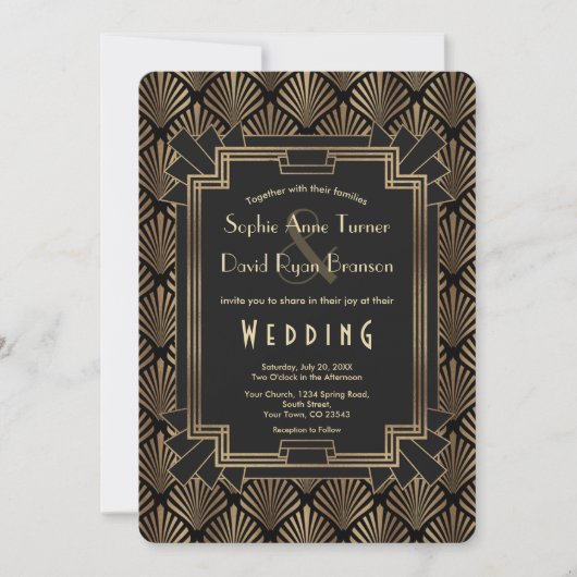 Glam Roaring 20 Gold Black Great Gatsby Wedding Kaart (Voorkant)