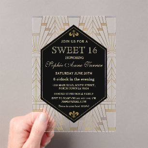 Glam Roaring 20s Great Gatsby Art Deco Sweet 16 Acryl Uitnodigingen