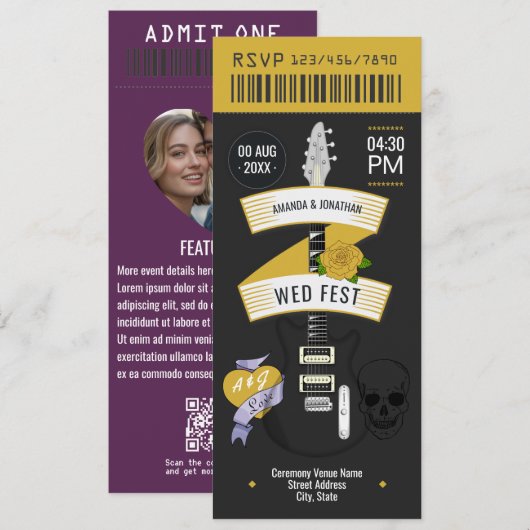 Glam Rock Rock ’n’ Roll Wedding Ticket Kaart (Voorkant / Achterkant)