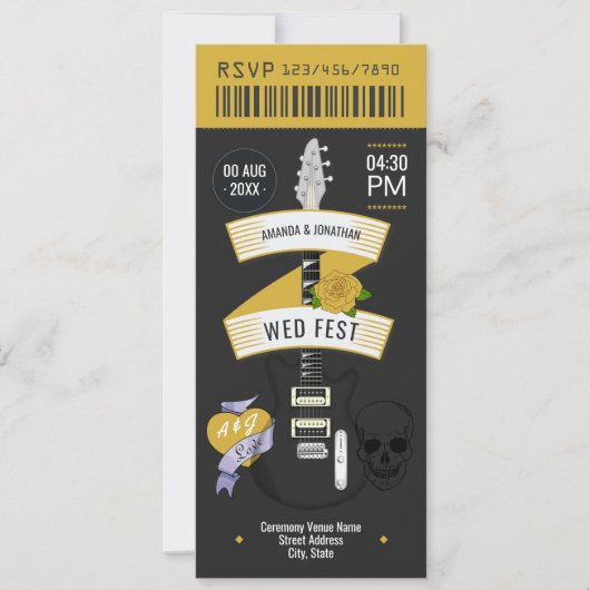 Glam Rock Rock ’n’ Roll Wedding Ticket Kaart (Voorkant)