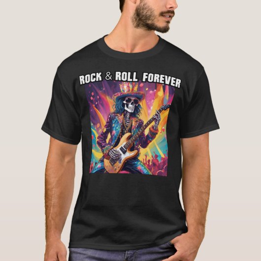 Glam Rock Skeleton Gitarist Rock and Roll Forever T-shirt (Voorkant)