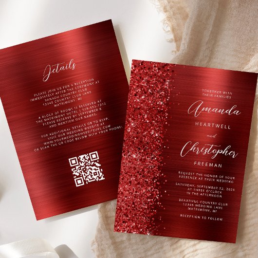 Glam Rode Geborsteld Metaal QR Code Huwelijk Kaart