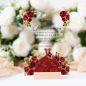 Glam Rode Jurk Bloemen Waterverf 15e Quinceañera Acryl Uitnodigingen