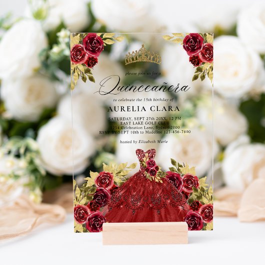 Glam Rode Jurk Bloemen Waterverf 15e Quinceañera Acryl Uitnodigingen