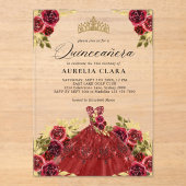 Glam Rode Jurk Bloemen Waterverf 15e Quinceañera Acryl Uitnodigingen (Voorkant)