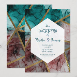 Glam Roest Roze Turquoise & Goud Chic Modern Trouw Kaart
