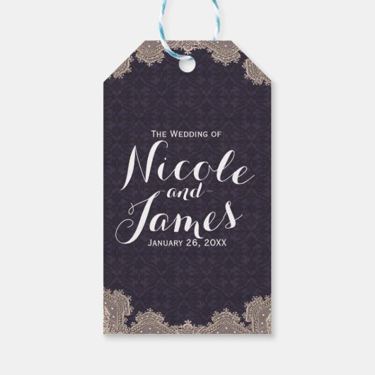 Glam Romantic Lace Paars Elegant Wedding Cadeaulabel (Achterkant)