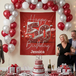 Glam rood en zilveren sprankelende 50e verjaardag wandkleed