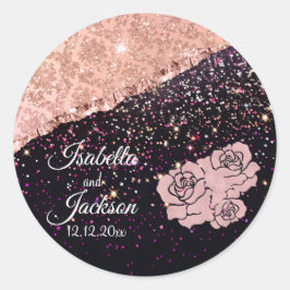 Glam Roos Black Glitter Blush Rozen Wedding Ronde Sticker
