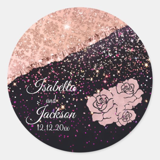 Glam Roos Black Glitter Blush Rozen Wedding Ronde Sticker (Voorkant)