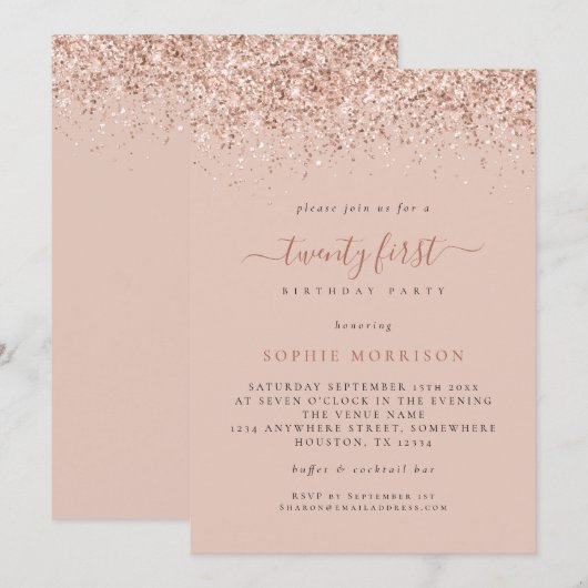 Glam Roos Glitter 21e verjaardag Kaart (Voorkant / Achterkant)