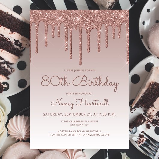 Glam Roos Gold 80th Birthday Party Kaart