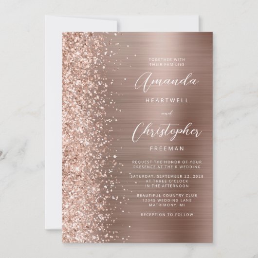 Glam Roos Gold Brushed Metal QR Code Wedding Kaart (Voorkant)