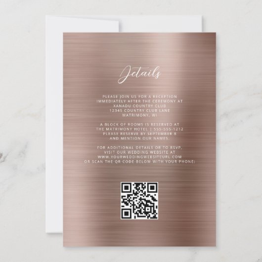 Glam Roos Gold Brushed Metal QR Code Wedding Kaart (Achterkant)