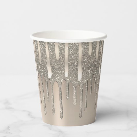 Glam Roos Gold Champagne Blush Glitter Druppels Papieren Bekers (Achterkant)