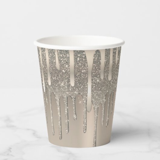 Glam Roos Gold Champagne Blush Glitter Druppels Papieren Bekers (Voorkant)