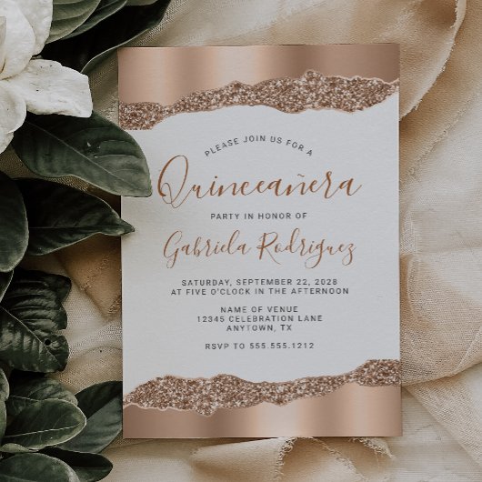 Glam Roos Gold Foil Glitter Quinceañera Kaart