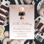 Glam Roos Gold Glitter Cake 50th Birthday Party Kaart<br><div class="desc">Deze trendy 50ste verjaardagsuitnodiging bevat een zwarte roze en chocoladetaart die met roos gouden neusfolie op een dunne roos gouden faux glitter en ombre achtergrond druppelt. De woorden "50th Birthday"en de naam van de gast van eer verschijnen in donker roos casual handschrift manuscript, met de rest van de klantgerichte tekst...</div>