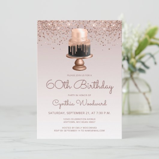 Glam Roos Gold Glitter Cake 60th Birthday Party Kaart (Staand voorkant)