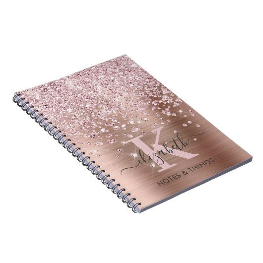 Glam Roos Gold Glitter Diamond Script Monogramed Notitieboek (Rechterzijde)