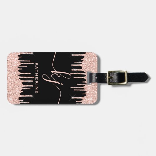 Glam Roos Gold Glitter Drift Monogram Script Bagagelabel (Voorkant horizontaal)