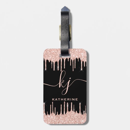 Glam Roos Gold Glitter Drift Monogram Script Bagagelabel (Achterkant verticaal)