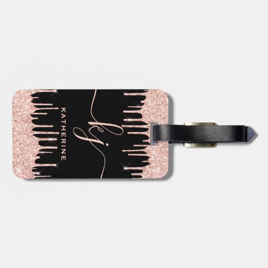Glam Roos Gold Glitter Drift Monogram Script Bagagelabel (Achterkant horizontaal)