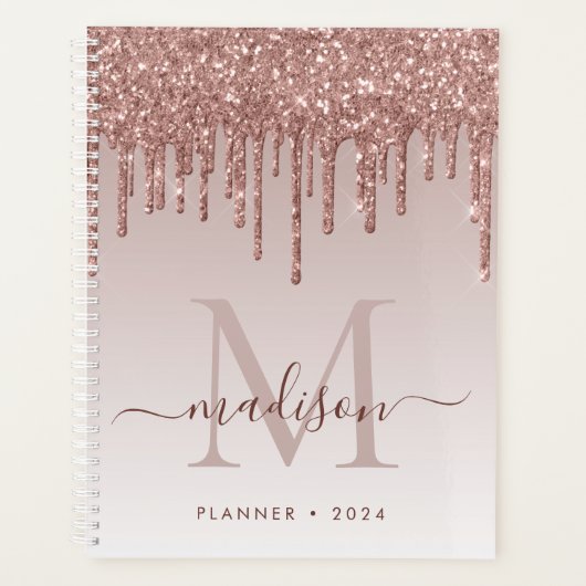 Glam Roos Gold Glitter Drips Elegant Monogram 2022 Planner (Voorkant)