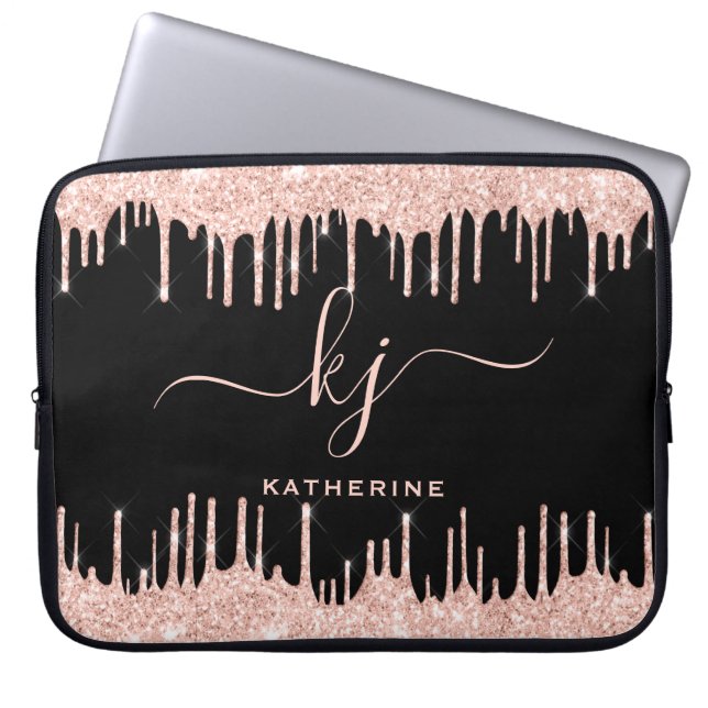 Glam Roos Gold Glitter Drips Monogramed Laptop Sleeve (Voorkant)
