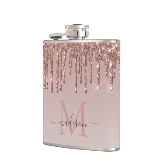 Glam Roos Gold Glitter Druppelend Sparkle Monogram Heupfles (Links)