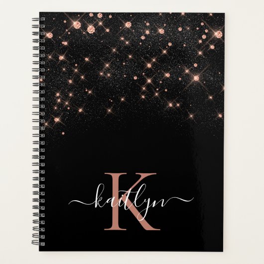 Glam Roos Gold Glitter Elegant Luxe Monogram Planner (Voorkant)