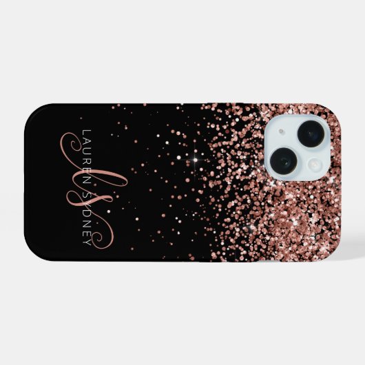 Glam Roos Gold Glitter Elegant Monogram iPhone 15 Case (Achterkant horizontaal)