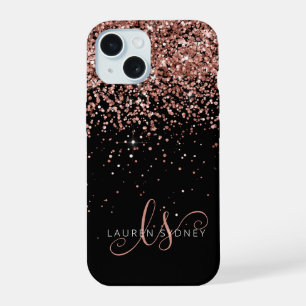 Glam Roos Gold Glitter Elegant Monogram iPhone 15 Case