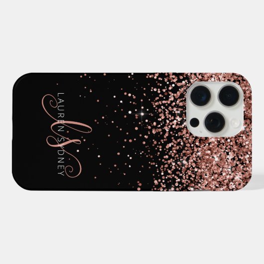Glam Roos Gold Glitter Elegant Monogram iPhone Hoesje (Achterkant horizontaal)