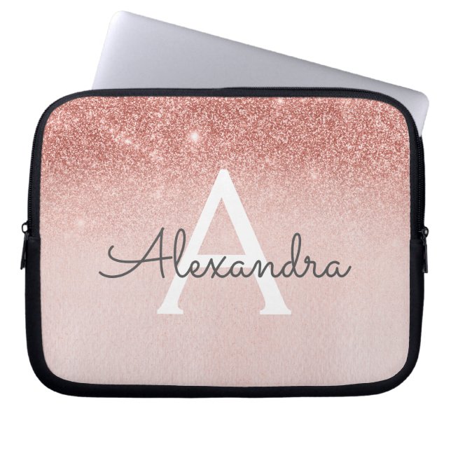 Glam Roos Gold Glitter en Sparkle Monogram Laptop Sleeve (Voorkant)