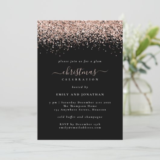 Glam Roos Gold Glitter-kerstfeestfeest - Zwarte Ui Kaart (Staand voorkant)