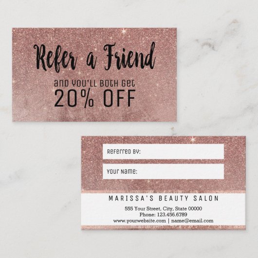 Glam Roos Gold Glitter Mesh Reference Card Aanbevelingskaartje (Voorkant / Achterkant)