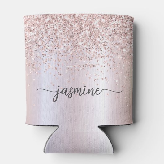 Glam Roos Gold Glitter Metal Monogram Name Script Blikjeskoeler (Achterkant)