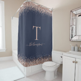 Glam Roos Gold Glitter Name Monogram Initiaal Navy Douchegordijn