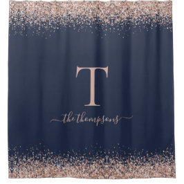 Glam Roos Gold Glitter Name Monogram Initiaal Navy Douchegordijn