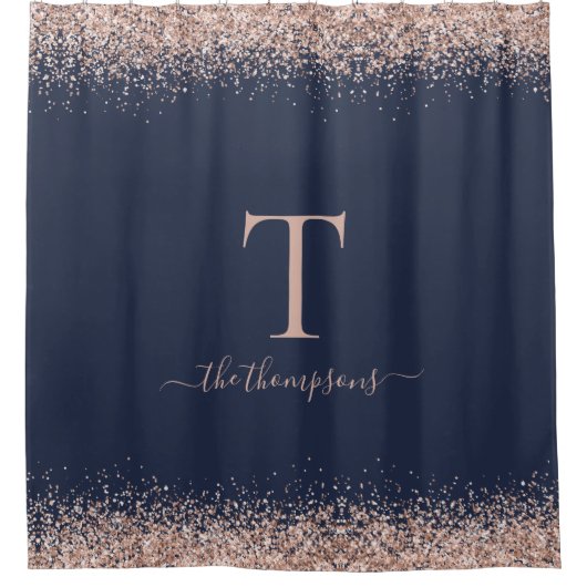 Glam Roos Gold Glitter Name Monogram Initiaal Navy Douchegordijn (Voorkant)