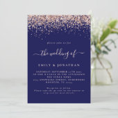 Glam Roos Gold Glitter QR Code Navy Blush Weddensc Kaart (Staand voorkant)