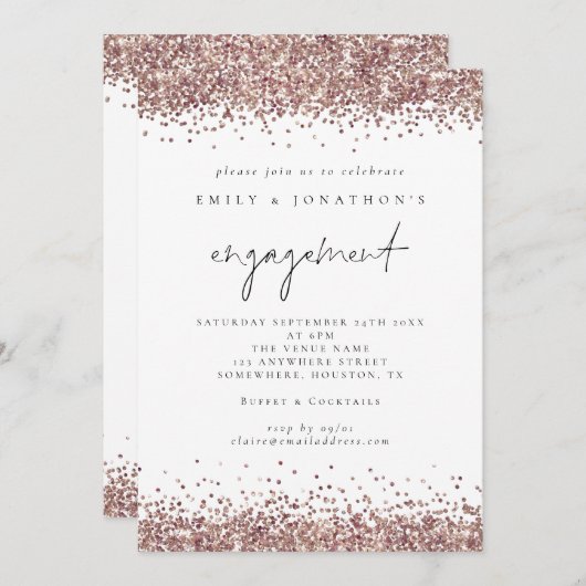 Glam Roos Gold Glitter Script Engagement Party Kaart (Voorkant / Achterkant)