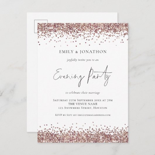 Glam Roos Gold Glitter Wedding Evening Uitnodiging Briefkaart (Voorkant / Achterkant)