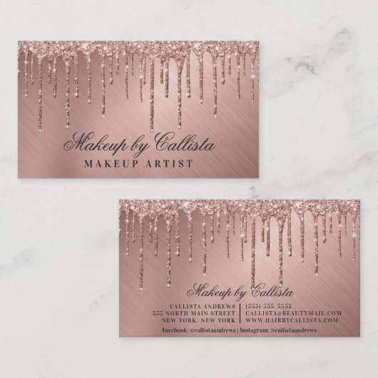 Glam Roos Gold Metallic Glitter Drips Make-up Visitekaartje (Voorkant / Achterkant)