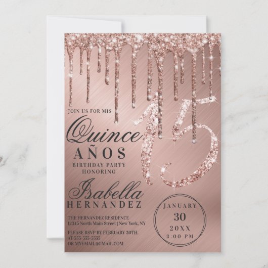 Glam Roos Gold Metallic Glitter Drips Quinceañera Kaart (Voorkant)